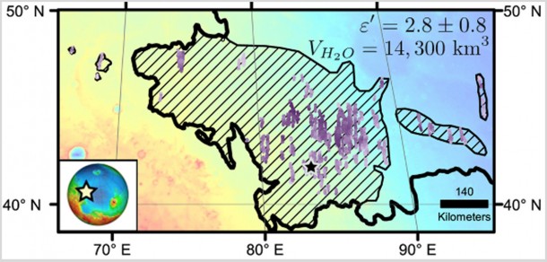 Diagonal striping on this map of a portion of Mars' Utopia Planitia region indicates the area where a large subsurface deposit rich in water ice was assessed using the Shallow Radar (SHARAD) instrument on NASA's Mars Reconnaissance Orbiter. Image Credit: NASA/JPL-Caltech/Univ. of Rome/ASI/PSI Diagonal striping on this map of a portion of Mars' Utopia Planitia region indicates the area where a large subsurface deposit rich in water ice was assessed using the Shallow Radar (SHARAD) instrument on NASA's Mars Reconnaissance Orbiter. Image Credit: NASA/JPL-Caltech/Univ. of Rome/ASI/PSI