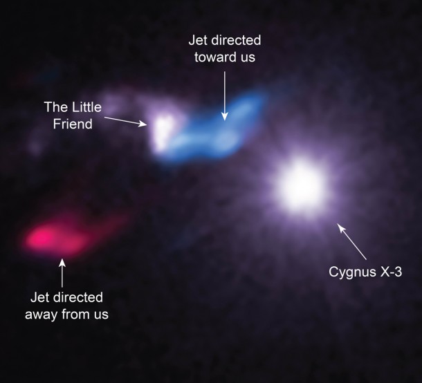 This composite image shows X-rays from NASA's Chandra X-ray Observatory (white) and radio data from the Smithsonian's Submillimeter Array (red and blue). The X-ray data reveal a bright X-ray source to the right known as Cygnus X-3, a system containing either a black hole or neutron star (a.k.a. a compact source) left behind after the death of a massive star. Within that bright source, the compact object is pulling material away from a massive companion star. Astronomers call such systems "X-ray binaries." X-ray: NASA/CXC/SAO/M.McCollough et al, Radio: ASIAA/SAO/SMA This composite image shows X-rays from NASA's Chandra X-ray Observatory (white) and radio data from the Smithsonian's Submillimeter Array (red and blue). The X-ray data reveal a bright X-ray source to the right known as Cygnus X-3, a system containing either a black hole or neutron star (a.k.a. a compact source) left behind after the death of a massive star. Within that bright source, the compact object is pulling material away from a massive companion star. Astronomers call such systems "X-ray binaries." X-ray: NASA/CXC/SAO/M.McCollough et al, Radio: ASIAA/SAO/SMA