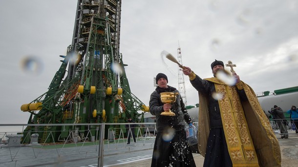 An Orthodox priest blesses the Soyuz rocket and members of the media Wednesday, Nov. 16, 2016, in Kazakhstan. Photo Credit: (NASA/Bill Ingalls) An Orthodox priest blesses the Soyuz rocket and members of the media Wednesday, Nov. 16, 2016, in Kazakhstan. Photo Credit: (NASA/Bill Ingalls)