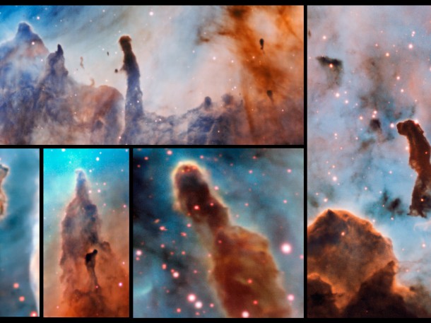These composite image shows several pillars within the Carina Nebula which were observed and studied with the MUSE instrument, mounted on ESO’s Very Large Telescope. The massive stars within the star formation region slowly destroy the pillars of dust and gas from which they are born. Credit: ESO/A. McLeod These composite image shows several pillars within the Carina Nebula which were observed and studied with the MUSE instrument, mounted on ESO’s Very Large Telescope. The massive stars within the star formation region slowly destroy the pillars of dust and gas from which they are born. Credit: ESO/A. McLeod