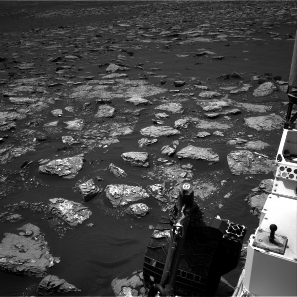 This Dec. 2, 2016, view from the Navigation Camera (Navcam) on the mast of NASA's Curiosity Mars Rover shows rocky ground within view while the rover was working at an intended drilling site called "Precipice" on lower Mount Sharp. Credit: NASA/JPL-Caltech This Dec. 2, 2016, view from the Navigation Camera (Navcam) on the mast of NASA's Curiosity Mars Rover shows rocky ground within view while the rover was working at an intended drilling site called "Precipice" on lower Mount Sharp. Credit: NASA/JPL-Caltech