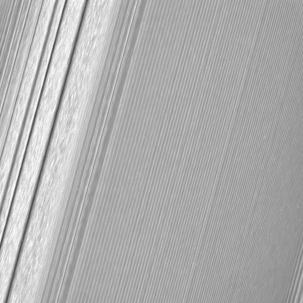 This Cassini image features a density wave in Saturn's A ring (at left) that lies around 134,500 km from Saturn. Density waves are accumulations of particles at certain distances from the planet. This feature is filled with clumpy perturbations, which researchers informally refer to as "straw." Image Credit: NASA/JPL-Caltech/Space Science Institute This Cassini image features a density wave in Saturn's A ring (at left) that lies around 134,500 km from Saturn. Density waves are accumulations of particles at certain distances from the planet. This feature is filled with clumpy perturbations, which researchers informally refer to as "straw." Image Credit: NASA/JPL-Caltech/Space Science Institute