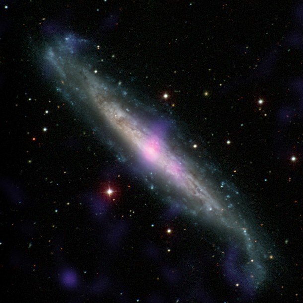 NGC 1448, a galaxy with an active galactic nucleus hidden by gas and dust, is seen in this image. Image credit: Carnegie-Irvine Galaxy Survey/NASA/JPL-Caltech NGC 1448, a galaxy with an active galactic nucleus hidden by gas and dust, is seen in this image. Image credit: Carnegie-Irvine Galaxy Survey/NASA/JPL-Caltech