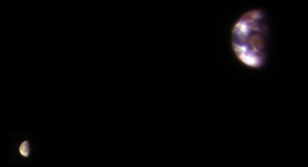 Here is a view of Earth and its moon, as seen from Mars. It combines two images acquired on Nov. 20, 2016, by the HiRISE camera on NASA's Mars Reconnaissance Orbiter, with brightness adjusted separately for Earth and the moon to show details on both bodies. Relative sizes and distance are correct. Image credit: NASA/JPL-Caltech/Univ. of Arizona Here is a view of Earth and its moon, as seen from Mars. It combines two images acquired on Nov. 20, 2016, by the HiRISE camera on NASA's Mars Reconnaissance Orbiter, with brightness adjusted separately for Earth and the moon to show details on both bodies. Relative sizes and distance are correct. Image credit: NASA/JPL-Caltech/Univ. of Arizona