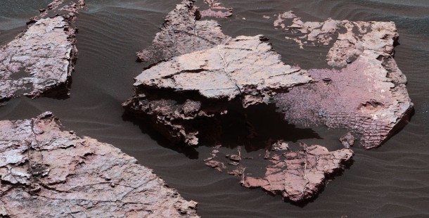 A grid of small polygons on the Martian rock surface near the right edge of this view may have originated as cracks in drying mud more than 3 billion years ago. Multiple Dec. 20, 2016, images from the Mastcam on NASA's Curiosity Mars rover were combined for this view of a rock called "Squid Cove." Credit: NASA/JPL-Caltech/MSSS A grid of small polygons on the Martian rock surface near the right edge of this view may have originated as cracks in drying mud more than 3 billion years ago. Multiple Dec. 20, 2016, images from the Mastcam on NASA's Curiosity Mars rover were combined for this view of a rock called "Squid Cove." Credit: NASA/JPL-Caltech/MSSS