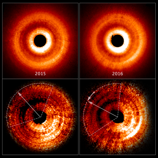 These images, taken a year apart by NASA's Hubble Space Telescope, reveal a shadow moving counterclockwise around a gas-and-dust disk encircling the young star TW Hydrae. The two images at the top, taken by the Space Telescope Imaging Spectrograph, show an uneven brightness across the disk. Credits: NASA, ESA, and J. Debes (STScI) These images, taken a year apart by NASA's Hubble Space Telescope, reveal a shadow moving counterclockwise around a gas-and-dust disk encircling the young star TW Hydrae. The two images at the top, taken by the Space Telescope Imaging Spectrograph, show an uneven brightness across the disk. Credits: NASA, ESA, and J. Debes (STScI)