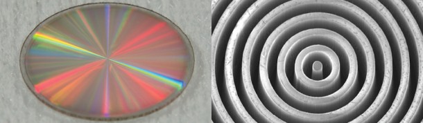 The vortex mask shown at left is made out of synthetic diamond. Viewed with an scanning electron microscope, right, the "vortex" microstructure of the mask is revealed. Image credit: University of Liège/Uppsala University The vortex mask shown at left is made out of synthetic diamond. Viewed with an scanning electron microscope, right, the "vortex" microstructure of the mask is revealed. Image credit: University of Liège/Uppsala University