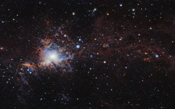 This image from the VISTA infrared survey telescope at ESO’s Paranal Observatory in northern Chile is part of the largest infrared high-resolution mosaic of Orion ever created. It covers the Orion A molecular cloud, the nearest known massive star factory, lying about 1350 light-years from Earth, and reveals many young stars and other objects normally buried deep inside the dusty clouds. Credit: ESO/VISION survey This image from the VISTA infrared survey telescope at ESO’s Paranal Observatory in northern Chile is part of the largest infrared high-resolution mosaic of Orion ever created. It covers the Orion A molecular cloud, the nearest known massive star factory, lying about 1350 light-years from Earth, and reveals many young stars and other objects normally buried deep inside the dusty clouds. Credit: ESO/VISION survey