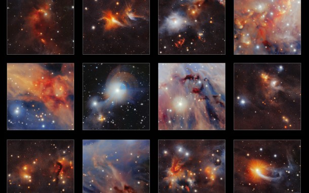This collection of highlights is taken from a new infrared image of the Orion A molecular cloud from the VISTA telescope. Many curious structures are clearly seen, including the red jets from very young stars, dark clouds of dust and even tiny images of very distant galaxies. Credit: ESO/VISION survey This collection of highlights is taken from a new infrared image of the Orion A molecular cloud from the VISTA telescope. Many curious structures are clearly seen, including the red jets from very young stars, dark clouds of dust and even tiny images of very distant galaxies. Credit: ESO/VISION survey