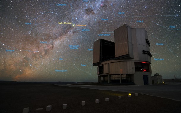 The foreground of this image shows ESO’s Very Large Telescope (VLT) at the Paranal Observatory in Chile. The rich stellar backdrop to the picture includes the bright star Alpha Centauri, the closest stellar system to Earth. In late 2016 ESO signed an agreement with the Breakthrough Initiatives to adapt the VLT instrumentation to conduct a search for planets in the Alpha Centauri system. Such planets could be the targets for an eventual launch of miniature space probes by the Breakthrough Starshot Initiative. Credit: Y. Beletsky (LCO)/ESO The foreground of this image shows ESO’s Very Large Telescope (VLT) at the Paranal Observatory in Chile. The rich stellar backdrop to the picture includes the bright star Alpha Centauri, the closest stellar system to Earth. In late 2016 ESO signed an agreement with the Breakthrough Initiatives to adapt the VLT instrumentation to conduct a search for planets in the Alpha Centauri system. Such planets could be the targets for an eventual launch of miniature space probes by the Breakthrough Starshot Initiative. Credit: Y. Beletsky (LCO)/ESO