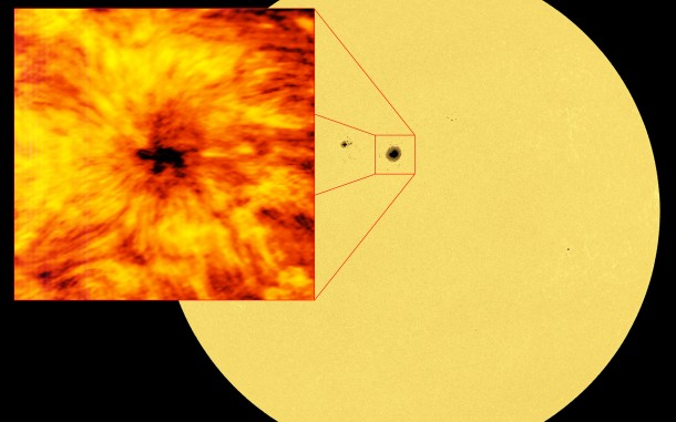 This image of the entire Sun was taken in the red visible light emitted by iron atoms in the Sun’s atmosphere. Light at this wavelength originates from the visible solar surface, the photosphere. A cooler, darker sunspot is clearly visible in the disc, and as a visual comparison is shown alongside the image from ALMA at a wavelength of 1.25 millimetres. The full-disc solar image was taken with the Helioseismic and Magnetic Imager (HMI) on board the Solar Dynamics Observatory (SDO). Credit: ALMA (ESO/NAOJ/NRAO), NASA. This image of the entire Sun was taken in the red visible light emitted by iron atoms in the Sun’s atmosphere. Light at this wavelength originates from the visible solar surface, the photosphere. A cooler, darker sunspot is clearly visible in the disc, and as a visual comparison is shown alongside the image from ALMA at a wavelength of 1.25 millimetres. The full-disc solar image was taken with the Helioseismic and Magnetic Imager (HMI) on board the Solar Dynamics Observatory (SDO). Credit: ALMA (ESO/NAOJ/NRAO), NASA.