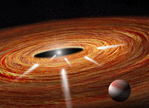 This illustration shows several comets speeding across a vast protoplanetary disk of gas and dust and heading straight for the youthful, central star. These "kamikaze" comets will eventually plunge into the star and vaporize. The comets are too small to photograph, but their gaseous spectral "fingerprints" on the star's light were detected by NASA's Hubble Space Telescope. The gravitational influence of a suspected Jupiter-sized planet in the foreground may have catapulted the comets into the star. This star, called HD 172555, represents the third extrasolar system where astronomers have detected doomed, wayward comets. The star resides 95 light-years from Earth. Credits: NASA, ESA, A. Feild and G. Bacon (STScI) This illustration shows several comets speeding across a vast protoplanetary disk of gas and dust and heading straight for the youthful, central star. These "kamikaze" comets will eventually plunge into the star and vaporize. The comets are too small to photograph, but their gaseous spectral "fingerprints" on the star's light were detected by NASA's Hubble Space Telescope. The gravitational influence of a suspected Jupiter-sized planet in the foreground may have catapulted the comets into the star. This star, called HD 172555, represents the third extrasolar system where astronomers have detected doomed, wayward comets. The star resides 95 light-years from Earth. Credits: NASA, ESA, A. Feild and G. Bacon (STScI)