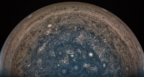 NASA's Juno spacecraft soared directly over Jupiter's south pole when JunoCam acquired this image on February 2, 2017 at 6:06 a.m. PT (9:06 a.m. ET), from an altitude of about 62,800 miles (101,000 kilometers) above the cloud tops. NASA's Juno spacecraft soared directly over Jupiter's south pole when JunoCam acquired this image on February 2, 2017 at 6:06 a.m. PT (9:06 a.m. ET), from an altitude of about 62,800 miles (101,000 kilometers) above the cloud tops.