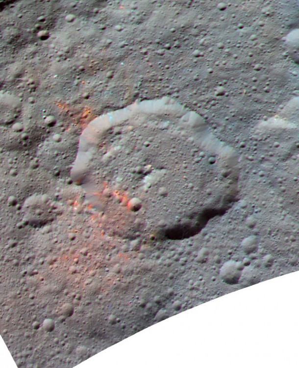 This enhanced color composite image, made with data from the framing camera aboard NASA's Dawn spacecraft, shows the area around Ernutet Crater. The bright red portions appear redder with respect to the rest of Ceres. Image Credit: NASA/JPL-Caltech/UCLA/MPS/DLR/IDA This enhanced color composite image, made with data from the framing camera aboard NASA's Dawn spacecraft, shows the area around Ernutet Crater. The bright red portions appear redder with respect to the rest of Ceres. Image Credit: NASA/JPL-Caltech/UCLA/MPS/DLR/IDA