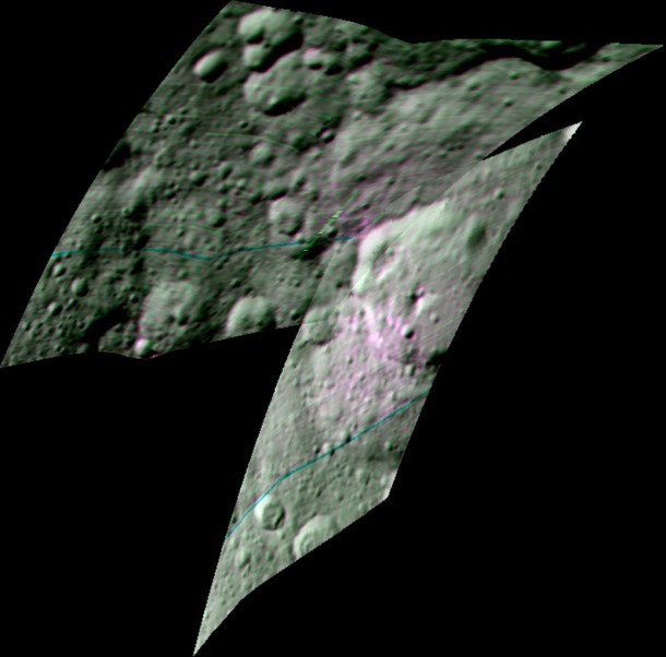 This enhanced color composite image from Dawn's visible and infrared mapping spectrometer shows the area around Ernutet Crater on Ceres. Image Credit: NASA/JPL-Caltech/UCLA/ASI/INAF This enhanced color composite image from Dawn's visible and infrared mapping spectrometer shows the area around Ernutet Crater on Ceres. Image Credit: NASA/JPL-Caltech/UCLA/ASI/INAF