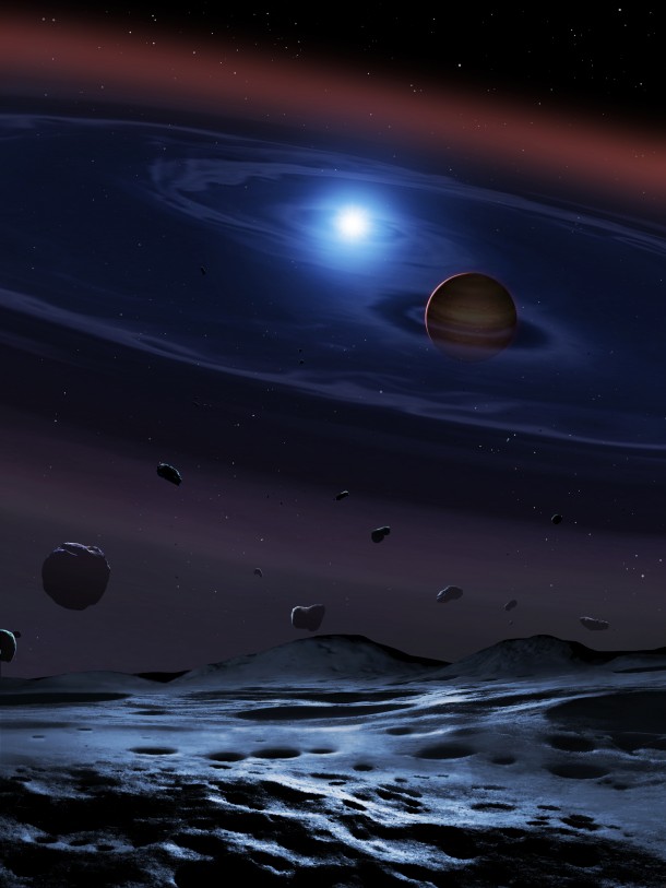 A disc of rocky debris from a disrupted planetesimal surrounds white dwarf plus brown dwarf binary star. The white dwarf is the burn-out core of a star that was probably similar to the Sun, the brown dwarf is only ~60 times heavier than Jupiter, and the two stars go around each other in only a bit over two hours. Credit: Mark Garlick, UCL, University of Warwick and University of Sheffield. A disc of rocky debris from a disrupted planetesimal surrounds white dwarf plus brown dwarf binary star. The white dwarf is the burn-out core of a star that was probably similar to the Sun, the brown dwarf is only ~60 times heavier than Jupiter, and the two stars go around each other in only a bit over two hours. Credit: Mark Garlick, UCL, University of Warwick and University of Sheffield.