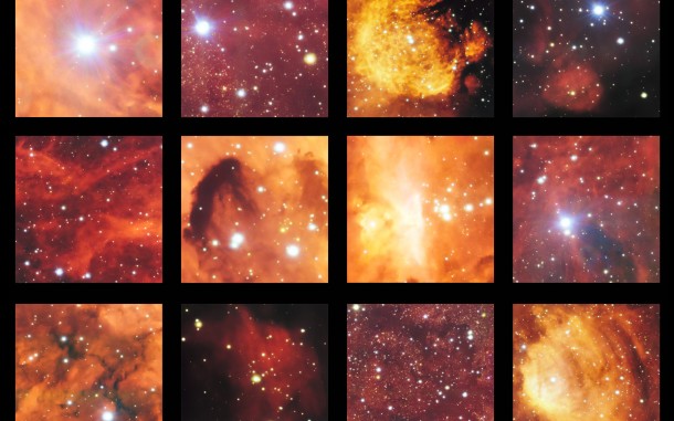 This montage shows a few of the highlights from a spectacular image from the VLT Survey Telescope showing the Cat’s Paw Nebula (NGC 6334) and the Lobster Nebula (NGC 6357). This part of the sky contains active regions of star formation where hot young stars make their surrounding clouds of hydrogen glow with a characteristic red colour. There are also clouds of dark dust in this rich celestial landscape. Credit: ESO This montage shows a few of the highlights from a spectacular image from the VLT Survey Telescope showing the Cat’s Paw Nebula (NGC 6334) and the Lobster Nebula (NGC 6357). This part of the sky contains active regions of star formation where hot young stars make their surrounding clouds of hydrogen glow with a characteristic red colour. There are also clouds of dark dust in this rich celestial landscape. Credit: ESO