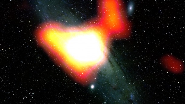 The gamma-ray excess (shown in yellow-white) at the heart of M31 hints at unexpected goings-on in the galaxy's central region. Scientists think the signal could be produced by a variety of processes, including a population of pulsars or even dark matter. Credits: NASA/DOE/Fermi LAT Collaboration and Bill Schoening, Vanessa Harvey/REU program/NOAO/AURA/NSF The gamma-ray excess (shown in yellow-white) at the heart of M31 hints at unexpected goings-on in the galaxy's central region. Scientists think the signal could be produced by a variety of processes, including a population of pulsars or even dark matter. Credits: NASA/DOE/Fermi LAT Collaboration and Bill Schoening, Vanessa Harvey/REU program/NOAO/AURA/NSF