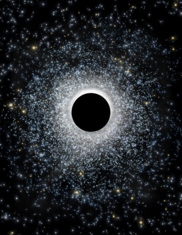 In this artist's illustration, an intermediate-mass black hole in the foreground distorts light from the globular star cluster in the background. New research suggests that a 2,200 solar-mass black hole resides at the center of the globular cluster 47 Tucanae. CfA / M. Weiss In this artist's illustration, an intermediate-mass black hole in the foreground distorts light from the globular star cluster in the background. New research suggests that a 2,200 solar-mass black hole resides at the center of the globular cluster 47 Tucanae. CfA / M. Weiss