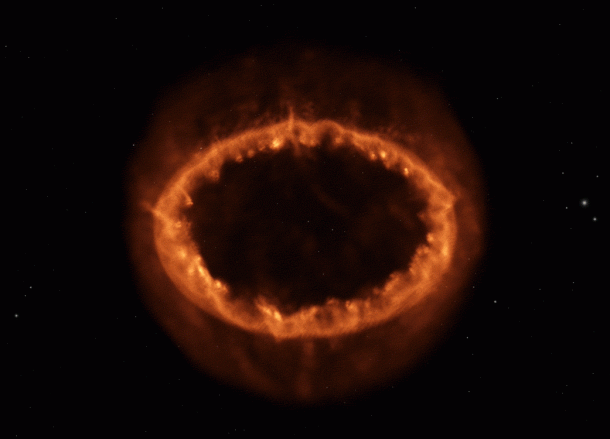 This scientific visualization, using data from a computer simulation, shows Supernova 1987A, as the luminous ring of material we see today. Credits: NASA, ESA, and F. Summers and G. Bacon (STScI); Simulation Credit: S. Orlando (INAF-Osservatorio Astronomico di Palermo) This scientific visualization, using data from a computer simulation, shows Supernova 1987A, as the luminous ring of material we see today. Credits: NASA, ESA, and F. Summers and G. Bacon (STScI); Simulation Credit: S. Orlando (INAF-Osservatorio Astronomico di Palermo)