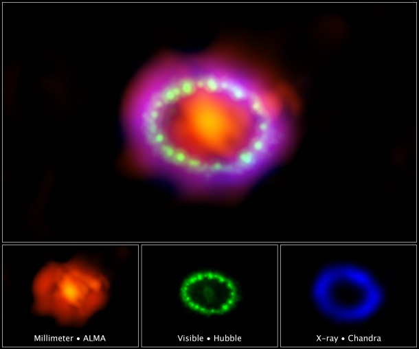 Astronomers combined observations from three different observatories to produce this colorful, multiwavelength image of the intricate remains of Supernova 1987A. Credits: NASA, ESA, and A. Angelich (NRAO/AUI/NSF); Hubble credit: NASA, ESA, and R. Kirshner (Harvard-Smithsonian Center for Astrophysics and Gordon and Betty Moore Foundation) Chandra credit: NASA/CXC/Penn State/K. Frank et al.; ALMA credit: ALMA (ESO/NAOJ/NRAO) and R. Indebetouw (NRAO/AUI/NSF) Astronomers combined observations from three different observatories to produce this colorful, multiwavelength image of the intricate remains of Supernova 1987A. Credits: NASA, ESA, and A. Angelich (NRAO/AUI/NSF); Hubble credit: NASA, ESA, and R. Kirshner (Harvard-Smithsonian Center for Astrophysics and Gordon and Betty Moore Foundation) Chandra credit: NASA/CXC/Penn State/K. Frank et al.; ALMA credit: ALMA (ESO/NAOJ/NRAO) and R. Indebetouw (NRAO/AUI/NSF)