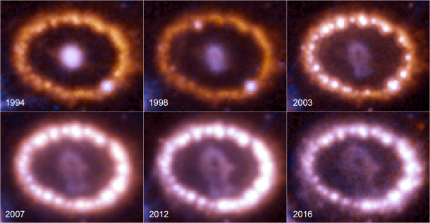 These images, taken between 1994 and 2016 by NASA's Hubble Space Telescope, chronicle the brightening of a ring of gas around an exploded star. Credits: NASA, ESA, and R. Kirshner (Harvard-Smithsonian Center for Astrophysics and Gordon and Betty Moore Foundation), and P. Challis (Harvard-Smithsonian Center for Astrophysics) These images, taken between 1994 and 2016 by NASA's Hubble Space Telescope, chronicle the brightening of a ring of gas around an exploded star. Credits: NASA, ESA, and R. Kirshner (Harvard-Smithsonian Center for Astrophysics and Gordon and Betty Moore Foundation), and P. Challis (Harvard-Smithsonian Center for Astrophysics)