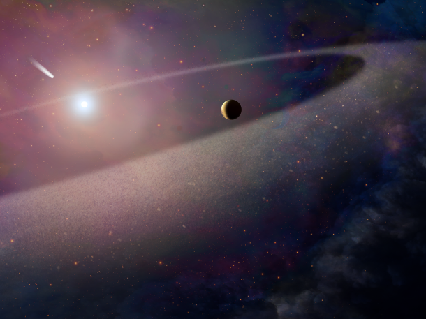 This artist's concept shows a massive, comet-like object falling toward a white dwarf. New Hubble Space Telescope findings are evidence for a belt of comet-like bodies orbiting the white dwarf, similar to our solar system's Kuiper Belt. The findings also suggest the presence of one or more unseen surviving planets around the white dwarf, which may have perturbed the belt to hurl icy objects into the burned-out star. Credits: NASA, ESA, and Z. Levy (STScI) This artist's concept shows a massive, comet-like object falling toward a white dwarf. New Hubble Space Telescope findings are evidence for a belt of comet-like bodies orbiting the white dwarf, similar to our solar system's Kuiper Belt. The findings also suggest the presence of one or more unseen surviving planets around the white dwarf, which may have perturbed the belt to hurl icy objects into the burned-out star. Credits: NASA, ESA, and Z. Levy (STScI)