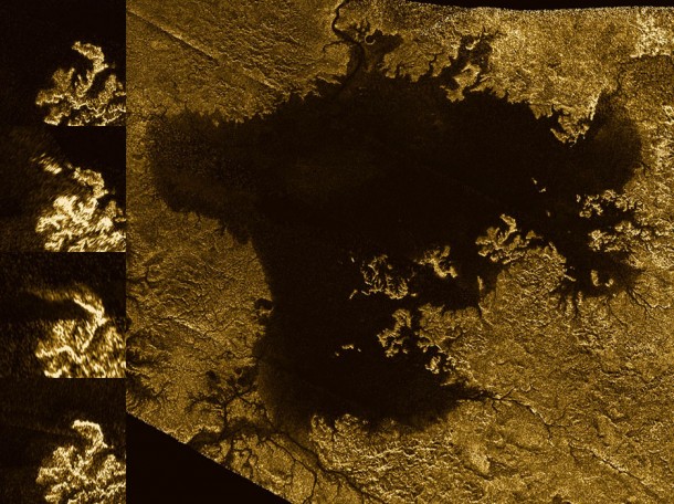 Radar images from Cassini showed a strange island-like feature in one of Titan's hydrocarbon seas that appeared to change over time (series of images at left). One possible explanation for this "magic island" is bubbles. Image Credit: NASA/JPL-Caltech/Space Science Institute Radar images from Cassini showed a strange island-like feature in one of Titan's hydrocarbon seas that appeared to change over time (series of images at left). One possible explanation for this "magic island" is bubbles. Image Credit: NASA/JPL-Caltech/Space Science Institute