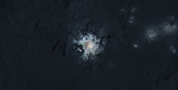 The bright spots in the center of Occator Crater on Ceres are shown in enhanced color in this view from NASA's Dawn spacecraft. Image Credit:NASA/JPL-Caltech/UCLA/MPS/DLR/IDA/PSI/LPI The bright spots in the center of Occator Crater on Ceres are shown in enhanced color in this view from NASA's Dawn spacecraft. Image Credit:NASA/JPL-Caltech/UCLA/MPS/DLR/IDA/PSI/LPI
