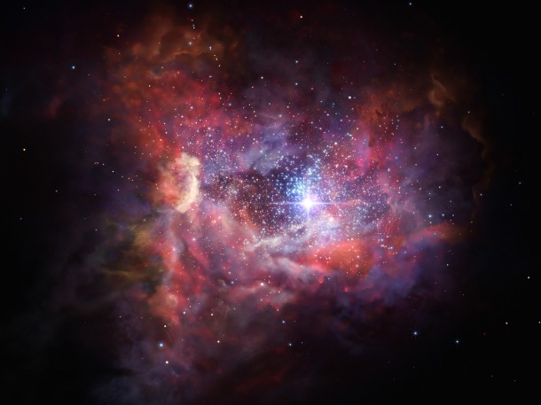 This artist’s impression shows what the very distant young galaxy A2744_YD4 might look like. Observations using ALMA have shown that this galaxy, seen when the Universe was just 4% of its current age, is rich in dust. Such dust was produced by an earlier generation of stars and these observations provide insights into the birth and explosive deaths of the very first stars in the Universe. Credit: ESO/M. Kornmesser This artist’s impression shows what the very distant young galaxy A2744_YD4 might look like. Observations using ALMA have shown that this galaxy, seen when the Universe was just 4% of its current age, is rich in dust. Such dust was produced by an earlier generation of stars and these observations provide insights into the birth and explosive deaths of the very first stars in the Universe. Credit: ESO/M. Kornmesser