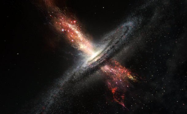 Artist’s impression of a galaxy forming stars within powerful outflows of material blasted out from supermassive black holes at its core. Results from ESO’s Very Large Telescope are the first confirmed observations of stars forming in this kind of extreme environment. The discovery has many consequences for understanding galaxy properties and evolution. Credit: ESO/M. Kornmesser Artist’s impression of a galaxy forming stars within powerful outflows of material blasted out from supermassive black holes at its core. Results from ESO’s Very Large Telescope are the first confirmed observations of stars forming in this kind of extreme environment. The discovery has many consequences for understanding galaxy properties and evolution. Credit: ESO/M. Kornmesser