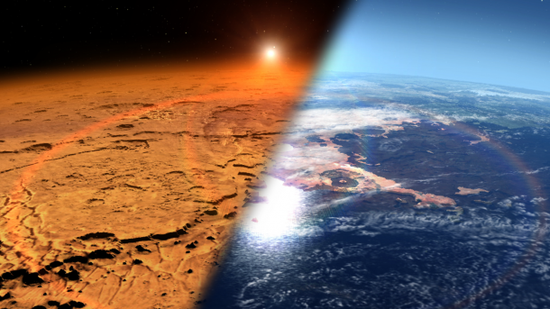 This artist’s concept depicts the early Martian environment (right) – believed to contain liquid water and a thicker atmosphere – versus the cold, dry environment seen at Mars today (left). NASA's Mars Atmosphere and Volatile Evolution is in orbit of the Red Planet to study its upper atmosphere, ionosphere and interactions with the sun and solar wind. Credits: NASA’s Goddard Space Flight Center This artist’s concept depicts the early Martian environment (right) – believed to contain liquid water and a thicker atmosphere – versus the cold, dry environment seen at Mars today (left). NASA's Mars Atmosphere and Volatile Evolution is in orbit of the Red Planet to study its upper atmosphere, ionosphere and interactions with the sun and solar wind. Credits: NASA’s Goddard Space Flight Center