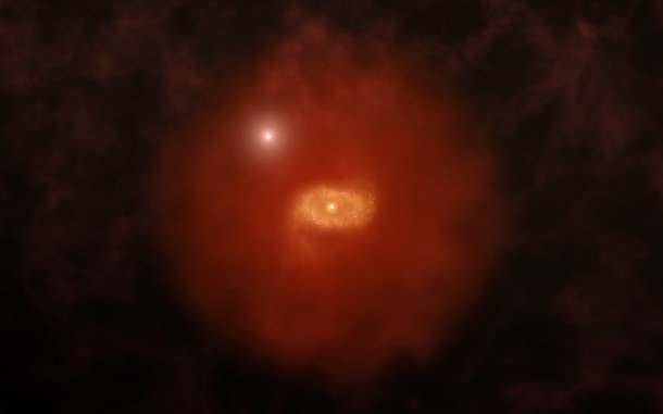 Artist impression of a progenitor of Milky Way-like galaxy in the early universe with a background quasar shinning through a 'super halo' of hydrogen gas surrounding the galaxy. New ALMA observations of two such galaxies reveal that these vast halos extend well beyond the galaxies' dusty, star-forming disks. The galaxies were initially found by the absorption of background quasar light passing through the galaxies. ALMA was able to image the ionized carbon in the galaxies' disks, revealing crucial details about their structures. Credit: A. Angelich (NRAO/AUI/NSF) Artist impression of a progenitor of Milky Way-like galaxy in the early universe with a background quasar shinning through a 'super halo' of hydrogen gas surrounding the galaxy. New ALMA observations of two such galaxies reveal that these vast halos extend well beyond the galaxies' dusty, star-forming disks. The galaxies were initially found by the absorption of background quasar light passing through the galaxies. ALMA was able to image the ionized carbon in the galaxies' disks, revealing crucial details about their structures. Credit: A. Angelich (NRAO/AUI/NSF)