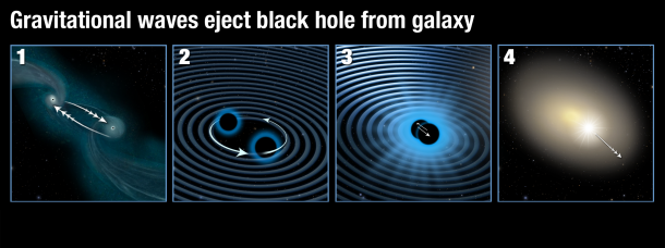 This illustration shows how gravitational waves can propel a black hole from the center of a galaxy. The scenario begins in the first panel with the merger of two galaxies, each with a central black hole. In the second panel, the two black holes in the newly merged galaxy settle into the center and begin whirling around each other. Credits: NASA, ESA, and A. Feild (STScI) This illustration shows how gravitational waves can propel a black hole from the center of a galaxy. The scenario begins in the first panel with the merger of two galaxies, each with a central black hole. In the second panel, the two black holes in the newly merged galaxy settle into the center and begin whirling around each other. Credits: NASA, ESA, and A. Feild (STScI)