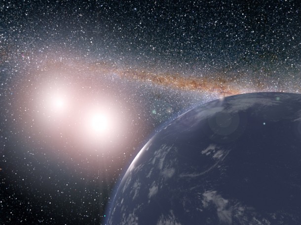 This artist's concept shows a hypothetical planet covered in water around the binary star system of Kepler-35A and B. Image credit: NASA/JPL-Caltech This artist's concept shows a hypothetical planet covered in water around the binary star system of Kepler-35A and B. Image credit: NASA/JPL-Caltech