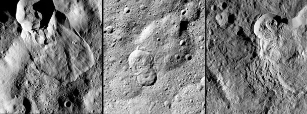 NASA's Dawn spacecraft has revealed many landslides on Ceres, which researchers interpret to have been shaped by a significant amount of water ice. Shown are examples of Type I (left), Type II (middle) and Type III (right). Credit: NASA/JPL-Caltech/UCLA/MPS/DLR/IDA NASA's Dawn spacecraft has revealed many landslides on Ceres, which researchers interpret to have been shaped by a significant amount of water ice. Shown are examples of Type I (left), Type II (middle) and Type III (right). Credit: NASA/JPL-Caltech/UCLA/MPS/DLR/IDA