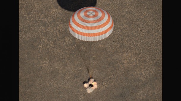 The Soyuz MS-02 spacecraft carrying three Expedition 50 crew members is pictured they very moment it landed in Kazakhstan. Credit: NASA/Bill Ingalls The Soyuz MS-02 spacecraft carrying three Expedition 50 crew members is pictured they very moment it landed in Kazakhstan. Credit: NASA/Bill Ingalls