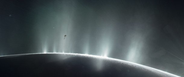 This artist's rendering shows Cassini diving through the Enceladus plume in 2015. New ocean world discoveries from Cassini and Hubble will help inform future exploration and the broader search for life beyond Earth. Image credit: NASA/JPL-Caltech This artist's rendering shows Cassini diving through the Enceladus plume in 2015. New ocean world discoveries from Cassini and Hubble will help inform future exploration and the broader search for life beyond Earth. Image credit: NASA/JPL-Caltech