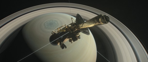 This illustration shows NASA’s Cassini spacecraft above Saturn's northern hemisphere prior to one of its 22 grand finale dives. Credits: NASA/JPL-Caltech This illustration shows NASA’s Cassini spacecraft above Saturn's northern hemisphere prior to one of its 22 grand finale dives. Credits: NASA/JPL-Caltech