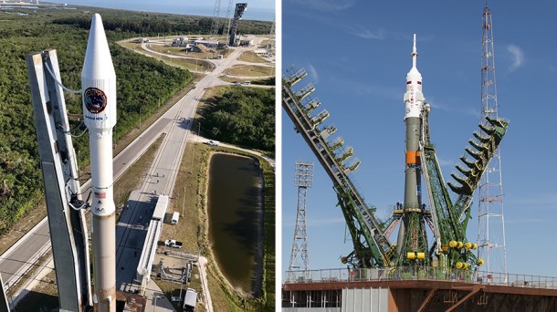 The Cygnus spacecraft atop an Atlas V rocket (left) and the Soyuz MS-04 rocket rolled out to their launch pads today. The Cygnus spacecraft atop an Atlas V rocket (left) and the Soyuz MS-04 rocket rolled out to their launch pads today.