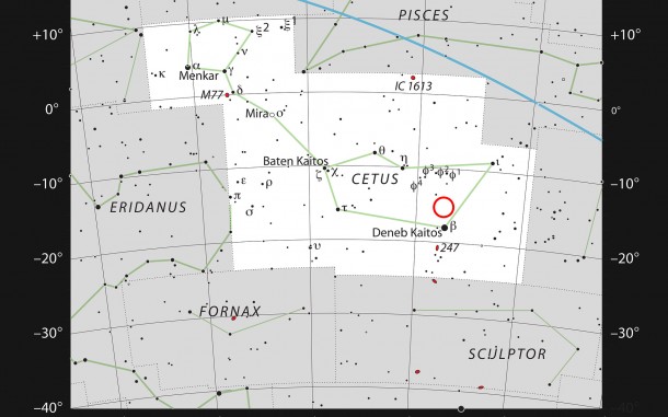 This chart shows the location of the faint red star LHS 1140 in the faint constellation of Cetus (The Sea Monster). This star is orbited by a super-Earth exoplanet called LHS 1140b, which may be best place to look for signs of life beyond the Solar System. The star is too faint to be seen in a small telescope. Credit: ESO/IAU and Sky & Telescope This chart shows the location of the faint red star LHS 1140 in the faint constellation of Cetus (The Sea Monster). This star is orbited by a super-Earth exoplanet called LHS 1140b, which may be best place to look for signs of life beyond the Solar System. The star is too faint to be seen in a small telescope. Credit: ESO/IAU and Sky & Telescope