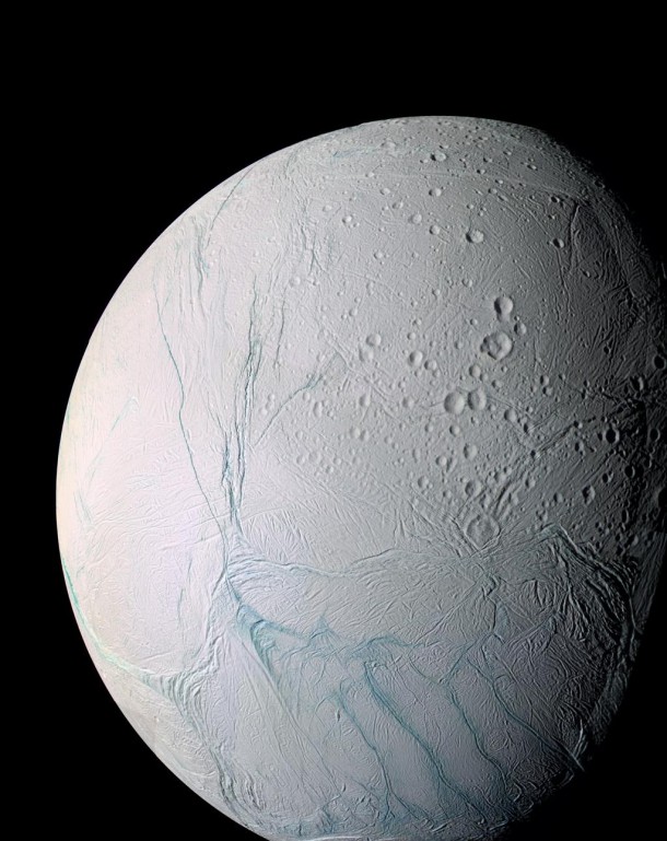 Cassini researchers have found evidence the active south polar region of Enceladus -- the fractured terrain seen here at bottom -- may have originally been closer to the icy moon's equator. Credit: NASA/JPL-Caltech/ Space Science Institute Cassini researchers have found evidence the active south polar region of Enceladus -- the fractured terrain seen here at bottom -- may have originally been closer to the icy moon's equator. Credit: NASA/JPL-Caltech/ Space Science Institute