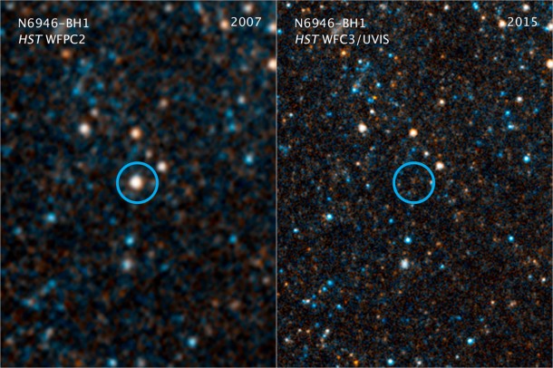 This pair of visible-light and near-infrared photos from NASA's Hubble Space Telescope shows the giant star N6946-BH1 before and after it vanished out of sight by imploding to form a black hole. Image credit: NASA/ESA/C. Kochanek (OSU) This pair of visible-light and near-infrared photos from NASA's Hubble Space Telescope shows the giant star N6946-BH1 before and after it vanished out of sight by imploding to form a black hole. Image credit: NASA/ESA/C. Kochanek (OSU)