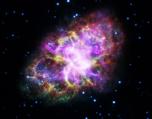 This image of the Crab Nebula combines data from five different telescopes. Credit: NASA, ESA, G. Dubner (IAFE, CONICET-University of Buenos Aires) et al.; A. Loll et al.; T. Temim et al.; F. Seward et al.; VLA/NRAO/AUI/NSF; Chandra/CXC; Spitzer/JPL-Caltech; XMM-Newton/ESA; and Hubble/STScI This image of the Crab Nebula combines data from five different telescopes. Credit: NASA, ESA, G. Dubner (IAFE, CONICET-University of Buenos Aires) et al.; A. Loll et al.; T. Temim et al.; F. Seward et al.; VLA/NRAO/AUI/NSF; Chandra/CXC; Spitzer/JPL-Caltech; XMM-Newton/ESA; and Hubble/STScI