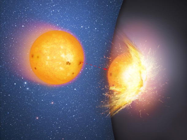 This is the first in a sequence of two artist's impressions that shows a huge, massive sphere in the center of a galaxy, rather than a supermassive black hole. Here a star moves towards and then smashes into the hard surface of the sphere, flinging out debris. The impact heats up the site of the collision. Mark A. Garlick/CfA This is the first in a sequence of two artist's impressions that shows a huge, massive sphere in the center of a galaxy, rather than a supermassive black hole. Here a star moves towards and then smashes into the hard surface of the sphere, flinging out debris. The impact heats up the site of the collision. Mark A. Garlick/CfA