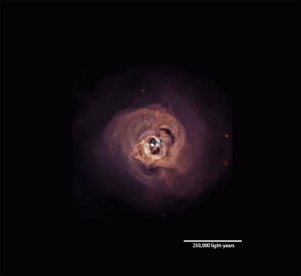 This animation dissolves between two different views of hot gas in the Perseus galaxy cluster. The first is Chandra's best view of hot gas in the central region of the Perseus cluster, where red, green and blue indicate lower-energy to higher-energy X-rays, respectively. The larger image incorporates additional data over a wider field of view. It has been specially processed to enhance the contrast of edges, revealing subtle structures in the gas. The wave is marked by the upward-arcing curve near the bottom, centered at about 7 o'clock. Credits: NASA/CXC/SAO/E.Bulbul, et al. and NASA's Goddard Space Flight Center/Stephen Walker et al. This animation dissolves between two different views of hot gas in the Perseus galaxy cluster. The first is Chandra's best view of hot gas in the central region of the Perseus cluster, where red, green and blue indicate lower-energy to higher-energy X-rays, respectively. The larger image incorporates additional data over a wider field of view. It has been specially processed to enhance the contrast of edges, revealing subtle structures in the gas. The wave is marked by the upward-arcing curve near the bottom, centered at about 7 o'clock. Credits: NASA/CXC/SAO/E.Bulbul, et al. and NASA's Goddard Space Flight Center/Stephen Walker et al.