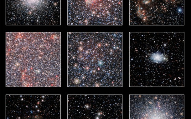 These cutout images show a few of the highlights from a huge new infrared image of our neighbouring galaxy, the Small Magellanic Cloud, that was taken with the VISTA telescope at ESO's Paranal Observatory. The lower-right panel shows the bright globular star cluster 47 Tucanae, which lies much closer to the Earth than the Small Magellanic Cloud. Credit: ESO/VISTA VMC These cutout images show a few of the highlights from a huge new infrared image of our neighbouring galaxy, the Small Magellanic Cloud, that was taken with the VISTA telescope at ESO's Paranal Observatory. The lower-right panel shows the bright globular star cluster 47 Tucanae, which lies much closer to the Earth than the Small Magellanic Cloud. Credit: ESO/VISTA VMC