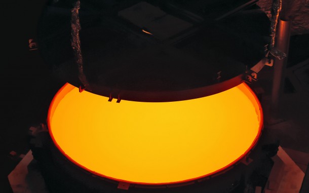 Opening of the ELT M2 ZERODUR blank mould containing the still very hot ZERODUR glass at first annealing at the SCHOTT 4-metre blank annealing facility in Mainz, Germany in May 2017. The completed mirror will be 4.2 metres in diameter and weigh 3.5 tonnes. It will be the largest secondary mirror ever employed on a telescope and also the largest convex mirror ever produced. Credit: SCHOTT/ESO Opening of the ELT M2 ZERODUR blank mould containing the still very hot ZERODUR glass at first annealing at the SCHOTT 4-metre blank annealing facility in Mainz, Germany in May 2017. The completed mirror will be 4.2 metres in diameter and weigh 3.5 tonnes. It will be the largest secondary mirror ever employed on a telescope and also the largest convex mirror ever produced. Credit: SCHOTT/ESO