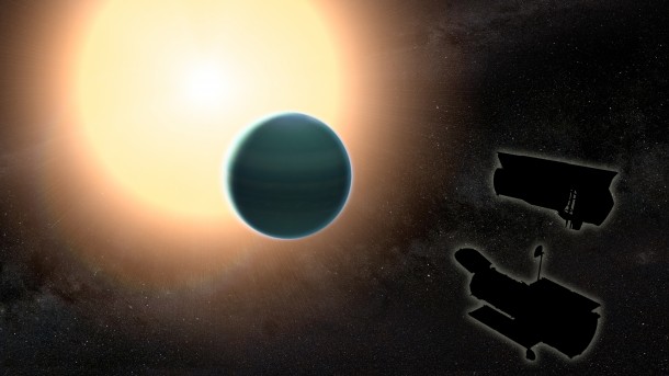 The atmosphere of the distant "warm Neptune" HAT-P-26b, illustrated here, is unexpectedly primitive, composed primarily of hydrogen and helium. Image credit: NASA/GSFC The atmosphere of the distant "warm Neptune" HAT-P-26b, illustrated here, is unexpectedly primitive, composed primarily of hydrogen and helium. Image credit: NASA/GSFC