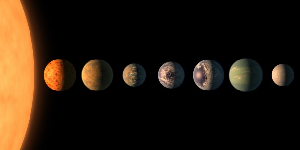 This artist's concept by Robert Hurt and Tim Pyle shows what the TRAPPIST-1 planetary system may look like, based on available data about the planets' diameters, masses and distances from the host star.Credit: NASA/JPL-Caltech This artist's concept by Robert Hurt and Tim Pyle shows what the TRAPPIST-1 planetary system may look like, based on available data about the planets' diameters, masses and distances from the host star.Credit: NASA/JPL-Caltech
